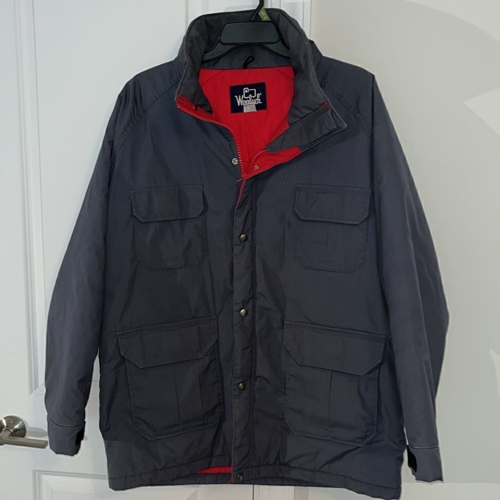 Vintage Gray/Red heavy quilted Woolrich Zipper Chore jacket coat Made in USA XL